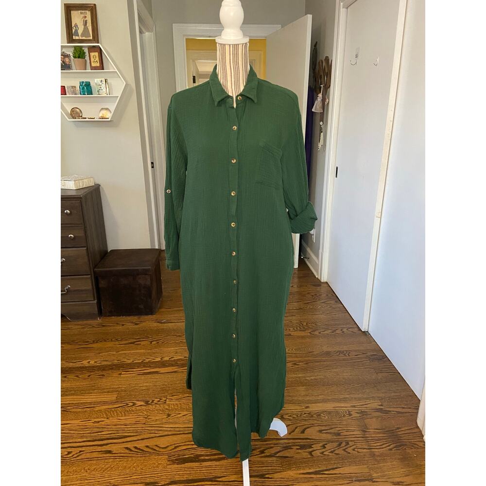 Bluivy dark green bubble gauze button front shirt dress